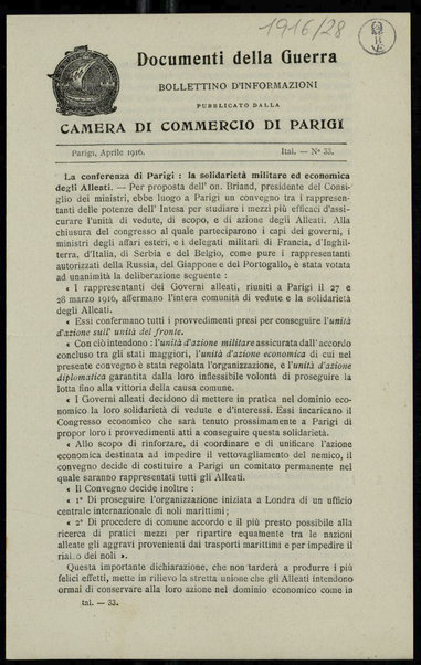 Documenti della guerra : bollettino d'informazioni pubblicato dalla Camera di commercio di Parigi